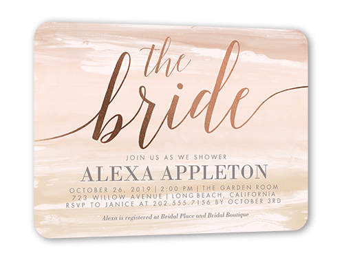 Watercolor Bride Bridal Shower Invitation, Rose Gold Foil, Beige, 5x7 Flat, Pearl Shimmer Cardstock, Rounded