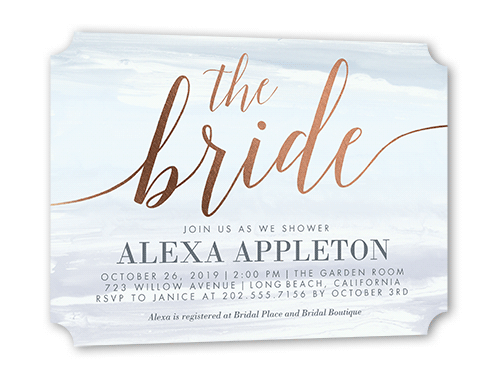 Watercolor Bride Bridal Shower Invitation, Blue, Rose Gold Foil, 5x7 Flat, Pearl Shimmer Cardstock, Ticket