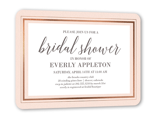 Gracefully Simple Bridal Shower Invitation, Rose Gold Foil, Pink, 5x7 Flat, Pearl Shimmer Cardstock, Rounded