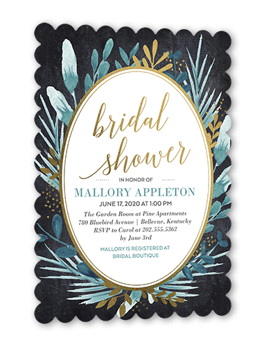 Bountiful Greenery Bridal Shower Invitation, Gold Foil, Black, 5x7 Flat, Pearl Shimmer Cardstock, Scallop