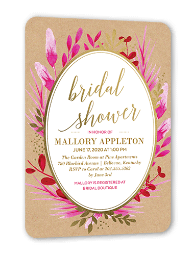 Bountiful Greenery Bridal Shower Invitation, Beige, Gold Foil, 5x7 Flat, Pearl Shimmer Cardstock, Rounded