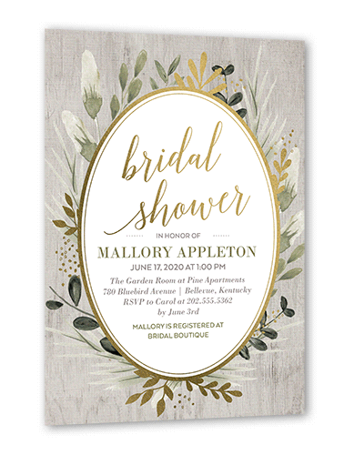 Bountiful Greenery Bridal Shower Invitation, Gold Foil, Grey, 5x7, Pearl Shimmer Cardstock, Square