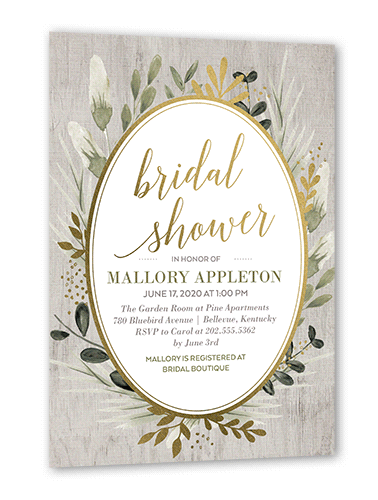 Bountiful Greenery Bridal Shower Invitation, Gold Foil, Grey, 5x7 Flat, Pearl Shimmer Cardstock, Square