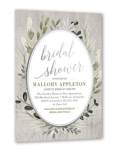 Bountiful Greenery Bridal Shower Invitation, Grey, Silver Foil, 5x7 Flat, Pearl Shimmer Cardstock, Square