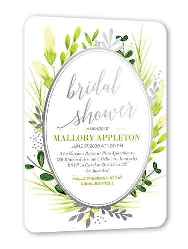 Bountiful Greenery Bridal Shower Invitation, Silver Foil, White, 5x7 Flat, Pearl Shimmer Cardstock, Rounded