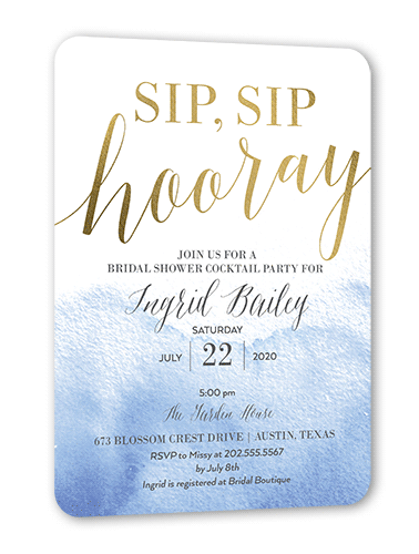Gleaming Hooray Bridal Shower Invitation, Blue, Gold Foil, 5x7 Flat, Pearl Shimmer Cardstock, Rounded