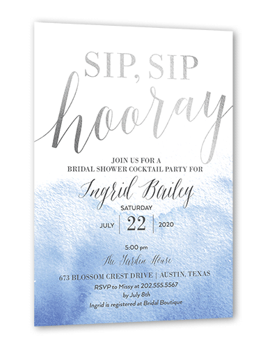 Gleaming Hooray Bridal Shower Invitation, Silver Foil, Blue, 5x7 Flat, Luxe Double-Thick Cardstock, Square