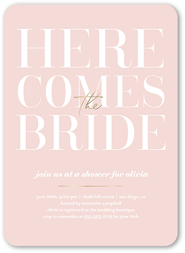 With The Bride Bridal Shower Invitation, Pink, 5x7 Flat, Pearl Shimmer Cardstock, Rounded