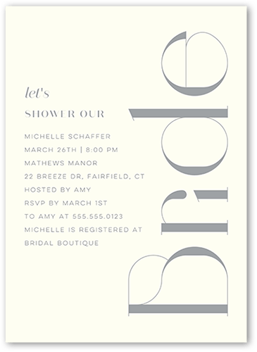 Deco Type Bridal Shower Invitation, White, 5x7 Flat, Luxe Double-Thick Cardstock, Square
