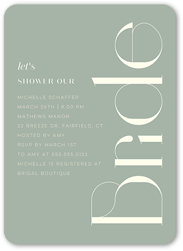 Deco Type Bridal Shower Invitation, Green, 5x7 Flat, Pearl Shimmer Cardstock, Rounded, Rosemary