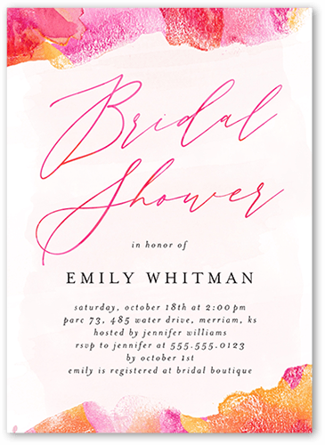 Watercolors And Showers Bridal Shower Invitation, Pink, 5x7 Flat, Luxe Double-Thick Cardstock, Square