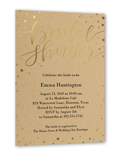 Confetti Bride Bridal Shower Invitation, Gold Foil, Brown, 5x7 Flat, Pearl Shimmer Cardstock, Square
