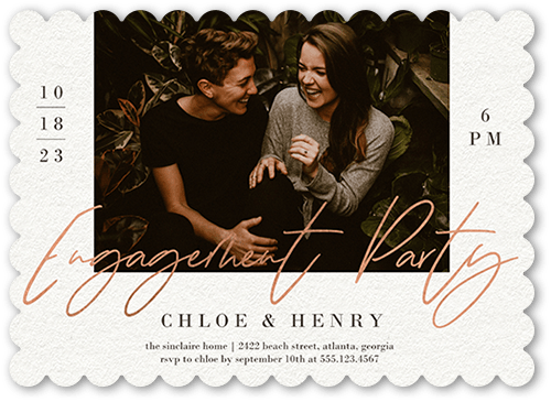 Scripted Party Engagement Party Invitation, Beige, 5x7 Flat, Pearl Shimmer Cardstock, Scallop