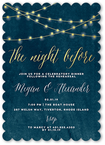 Glowing Night Rehearsal Dinner Invitation, Blue, 5x7 Flat, Pearl Shimmer Cardstock, Scallop