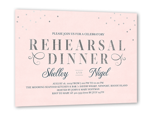 Dazzling Script Confetti Rehearsal Dinner Invitation, Pink, Silver Foil, 5x7 Flat, Luxe Double-Thick Cardstock, Square