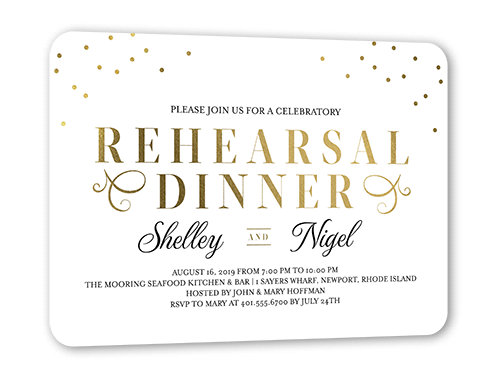 Dazzling Script Confetti Rehearsal Dinner Invitation, White, Gold Foil, 5x7 Flat, Matte, Signature Smooth Cardstock, Rounded