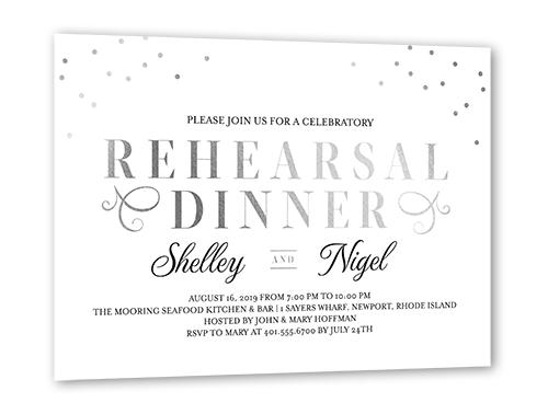 Dazzling Script Confetti Rehearsal Dinner Invitation, Silver Foil, White, 5x7 Flat, Pearl Shimmer Cardstock, Square