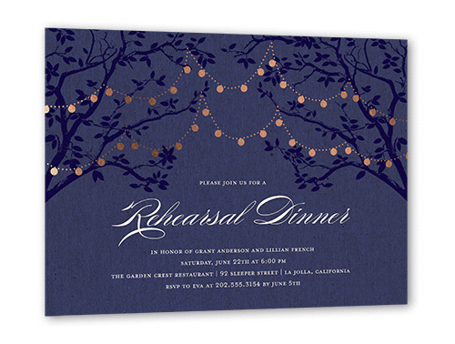 Enlightened Evening Rehearsal Rehearsal Dinner Invitation, Purple, Rose Gold Foil, 5x7 Flat, Luxe Double-Thick Cardstock, Square