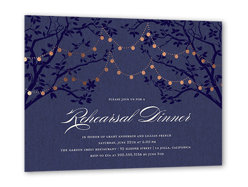 Enlightened Evening Rehearsal Rehearsal Dinner Invitation, Purple, Rose Gold Foil, 5x7 Flat, Pearl Shimmer Cardstock, Square