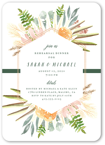 Palm Bouquet Rehearsal Dinner Invitation, White, 5x7 Flat, Pearl Shimmer Cardstock, Rounded