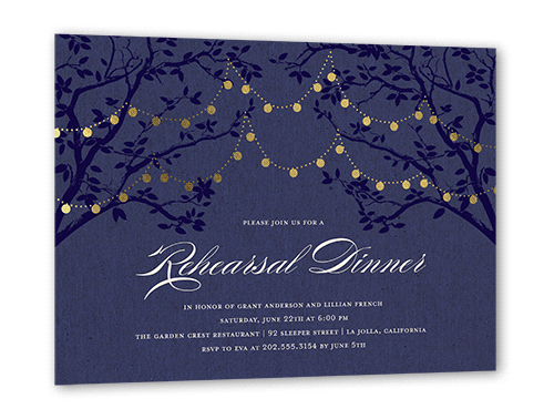 Enlightened Evening Rehearsal Rehearsal Dinner Invitation, Purple, Gold Foil, 5x7 Flat, Pearl Shimmer Cardstock, Square