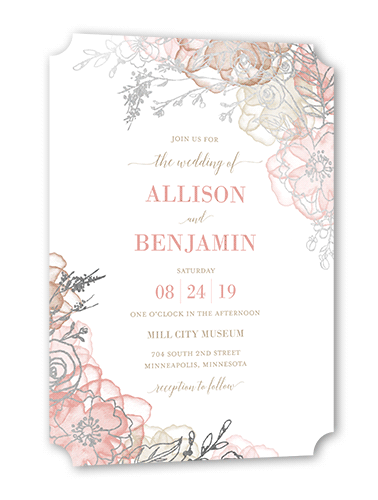 Floral Fringe Wedding Invitation, Pink, Silver Foil, 5x7, Signature Smooth Cardstock, Ticket
