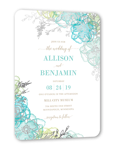 Floral Fringe Wedding Invitation, Silver Foil, Blue, 5x7 Flat, Signature Smooth Cardstock, Rounded