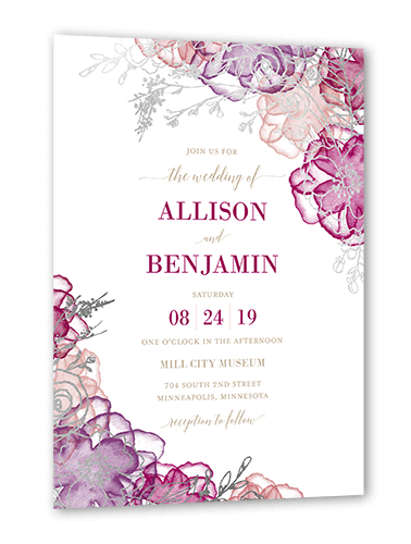 Floral Fringe Wedding Invitation, Silver Foil, Pink, 5x7, Luxe Double-Thick Cardstock, Square