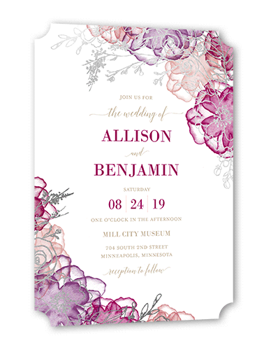 Floral Fringe Wedding Invitation, Silver Foil, Pink, 5x7, Pearl Shimmer Cardstock, Ticket