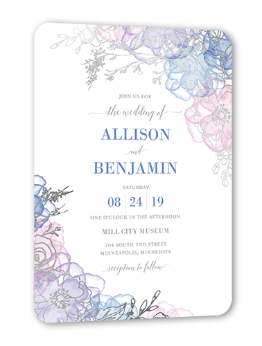 Floral Fringe Wedding Invitation, Silver Foil, Blue, 5x7 Flat, Pearl Shimmer Cardstock, Rounded