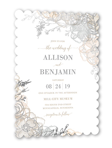 Floral Fringe Wedding Invitation, Beige, Silver Foil, 5x7 Flat, Pearl Shimmer Cardstock, Scallop