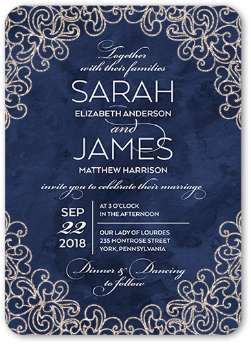 Sparkling Lace Wedding Invitation, Blue, 5x7 Flat, Antique Gold Glitter, Matte, Signature Smooth Cardstock, Rounded