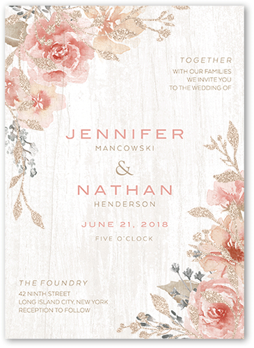 Radiant Foliage Wedding Invitation, Beige, 5x7 Flat, Antique Gold Glitter, Matte, Signature Smooth Cardstock, Square, Nectar