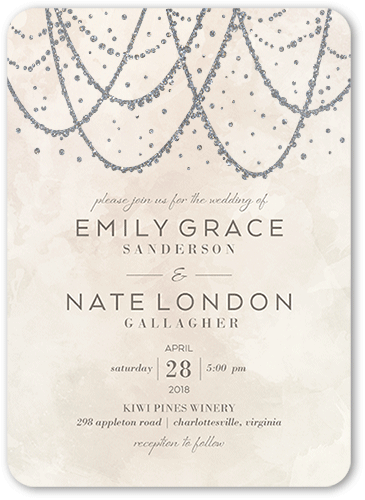 Draping Lights Wedding Invitation, Beige, 5x7, Silver Glitter, Matte, Signature Smooth Cardstock, Rounded