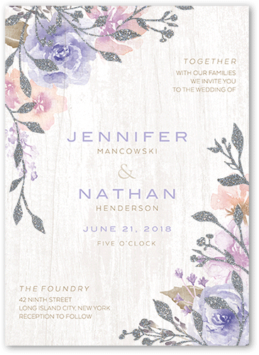 Radiant Foliage Wedding Invitation, Purple, 5x7 Flat, Silver Glitter, Matte, Signature Smooth Cardstock, Square