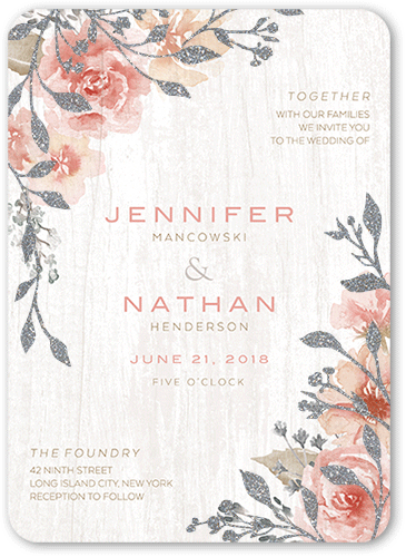 Radiant Foliage Wedding Invitation, Beige, 5x7 Flat, Silver Glitter, Matte, Signature Smooth Cardstock, Rounded