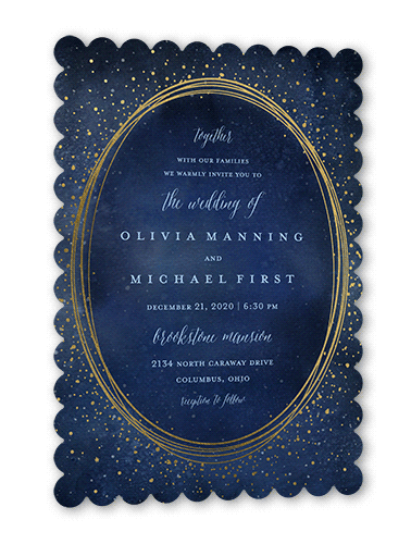 Resplendent Night Wedding Invitation, Gold Foil, Blue, 5x7, Pearl Shimmer Cardstock, Scallop