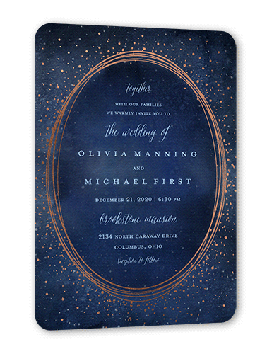 Resplendent Night Wedding Invitation, Rose Gold Foil, Blue, 5x7 Flat, Pearl Shimmer Cardstock, Rounded, Nautical