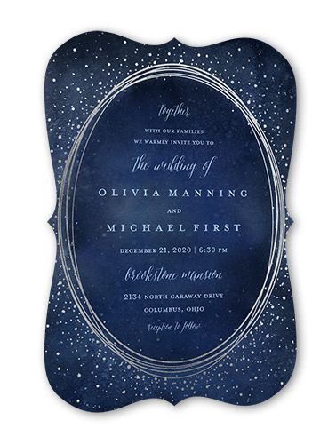 Resplendent Night Wedding Invitation, Silver Foil, Blue, 5x7, Pearl Shimmer Cardstock, Bracket