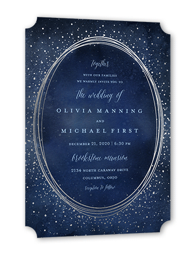 Resplendent Night Wedding Invitation, Silver Foil, Blue, 5x7, Pearl Shimmer Cardstock, Ticket