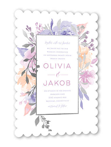 Delicate Blooms Wedding Invitation, Silver Foil, White, 5x7 Flat, Pearl Shimmer Cardstock, Scallop, White