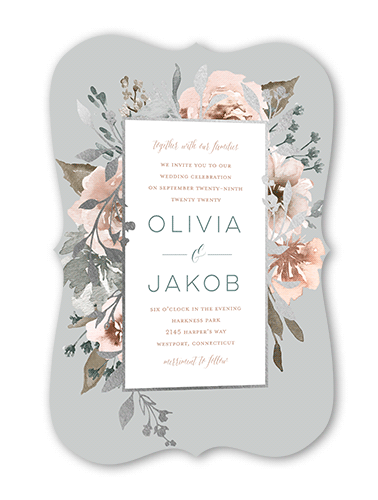 Delicate Blooms Wedding Invitation, Silver Foil, Grey, 5x7, Pearl Shimmer Cardstock, Bracket