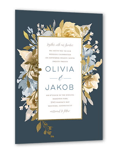 Delicate Blooms Wedding Invitation, Grey, Gold Foil, 5x7 Flat, Matte, Signature Smooth Cardstock, Square