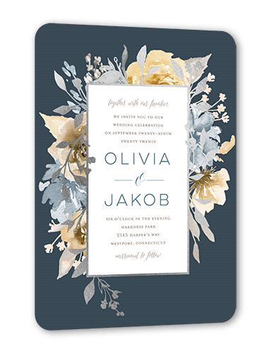Delicate Blooms Wedding Invitation, Silver Foil, Grey, 5x7, Pearl Shimmer Cardstock, Rounded