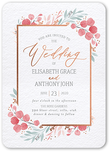 Brushed Botanicals Wedding Invitation, Rose Gold Foil, Pink, 5x7 Flat, Pearl Shimmer Cardstock, Rounded