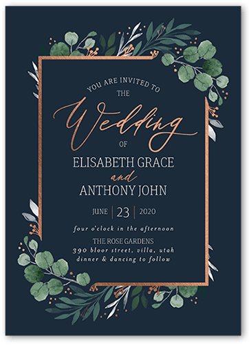 Brushed Botanicals Wedding Invitation, Grey, Rose Gold Foil, 5x7, Pearl Shimmer Cardstock, Square