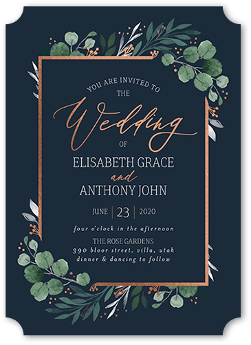 Brushed Botanicals Wedding Invitation, Grey, Rose Gold Foil, 5x7 Flat, Matte, Signature Smooth Cardstock, Ticket