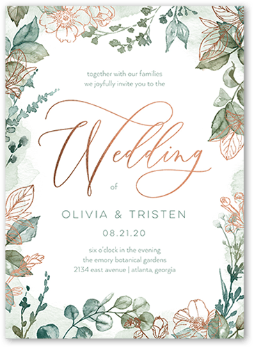 Gleaming Garden Wedding Invitation, Green, Rose Gold Foil, 5x7 Flat, Luxe Double-Thick Cardstock, Square