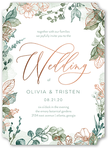 Gleaming Garden Wedding Invitation, Rose Gold Foil, Green, 5x7 Flat, Pearl Shimmer Cardstock, Ticket