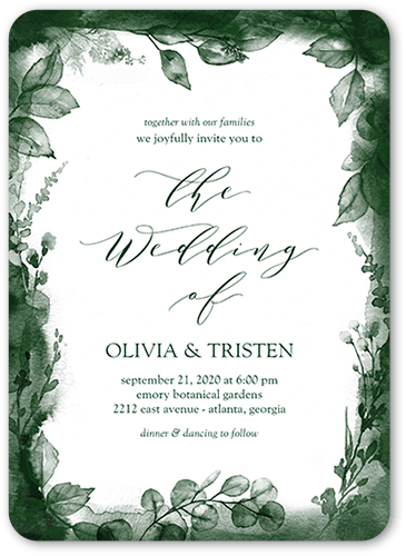 Dusky Botanicals Wedding Invitation, Green, 5x7 Flat, Matte, Signature Smooth Cardstock, Rounded